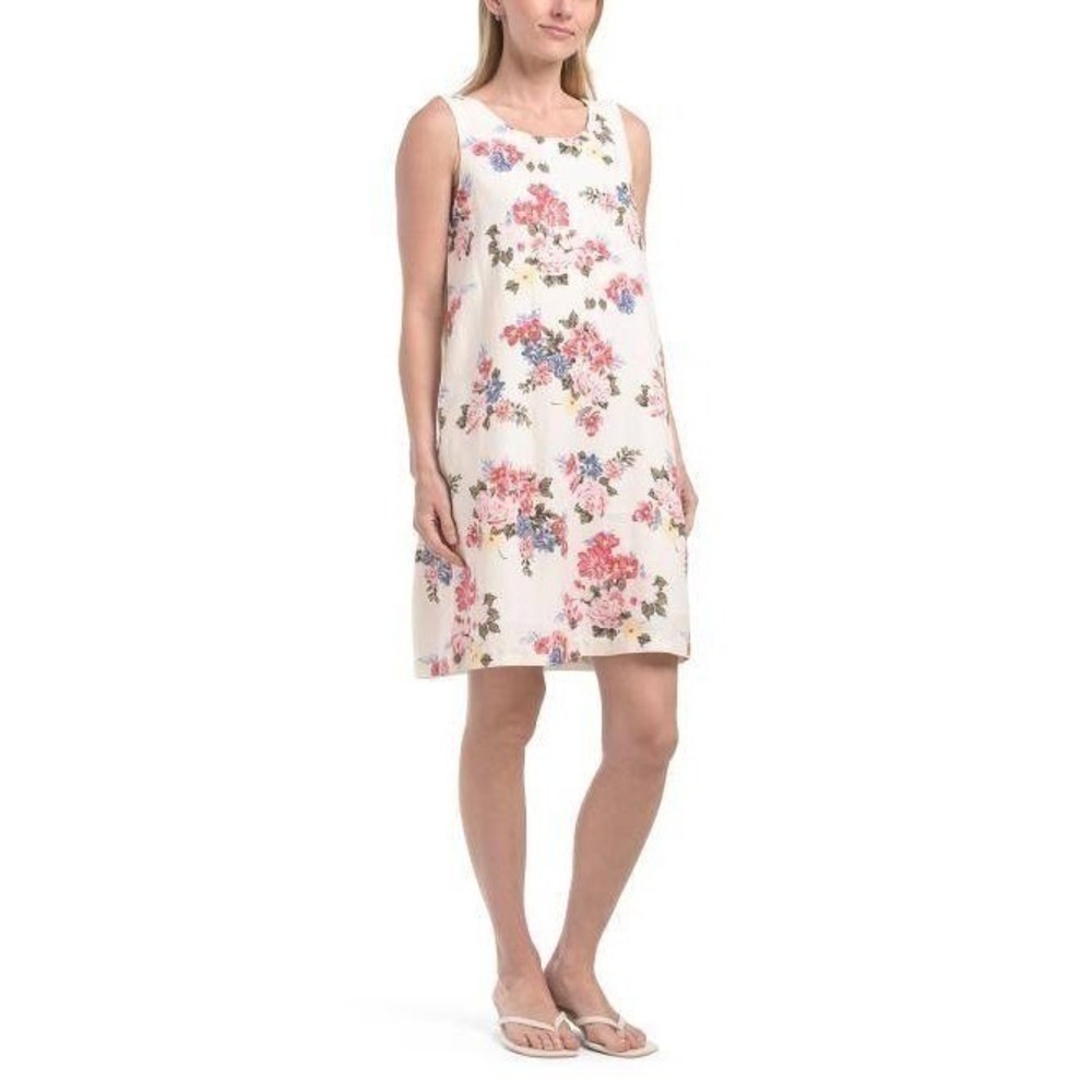 Laura Ashley Womens Linen Blend Scoop Back Mini Trapeze Dress Floral Multi L NWT